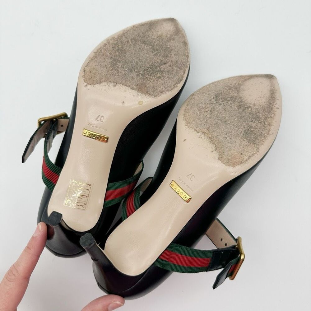 GUCCI Sylvie Black Leather Heels Size 37 US 7 Web Mary Jane Buckle Strap - Picture 11 of 13